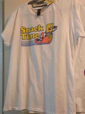 SpongeBob Squarepants White Tee with Yellow & Pink 'Snack Time' Graphic